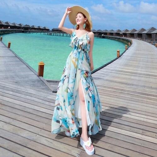 Floral Beach Dresses 2020 Boho Chic Dress Summer Holiday Sundress Slit Sleeveless Long Bohemian Dress For Women Vestidos DD2487