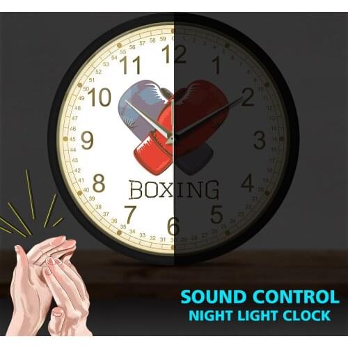 Blue And Red Boxing Gloves Black Aluminum Frame Clock Fighting Sports Voice Control Sound Activated Watch Silent Timepiece