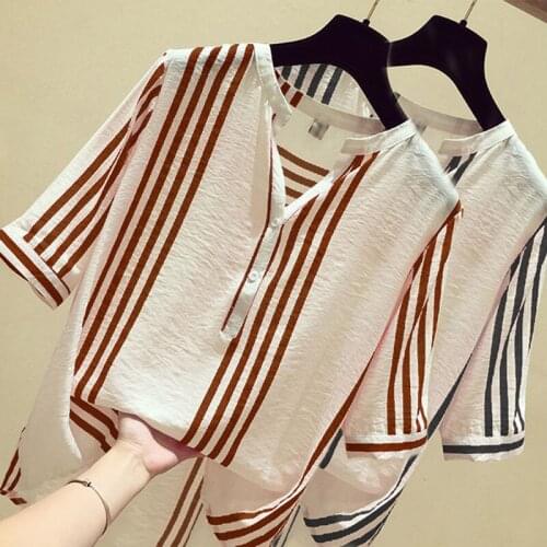 Women Blouse Vertical Striped Womens Short-Sleeved Loose Top Summer V-neck Shirt Blusas Mujer De Moda