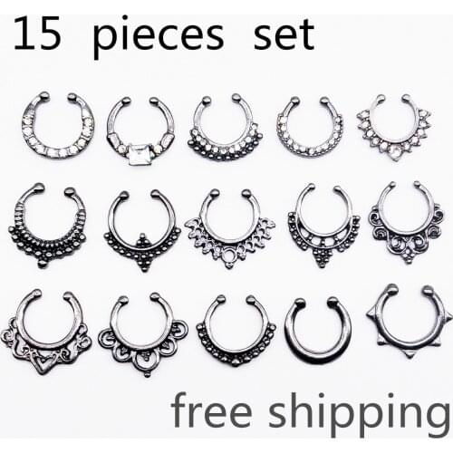 15 PCS a lot Crystal Clicker Fake Septum for Women Body Clip Hoop Vintage multicolor Fake Nose Ring Faux Piercing Body Jewelry