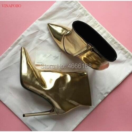 2019 Gold Silver Women Winter Shoes Patent Leather Metallic short Boots Ladies Ankle Boots Spring Autumn High Heels Boots Woman