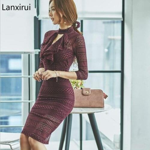 Autumn Womens high quality 3/4 Sleeve Office Midi Bandage Sexy Party Dress Vintage Bodycon Vestidos De Festa Lace Dresses