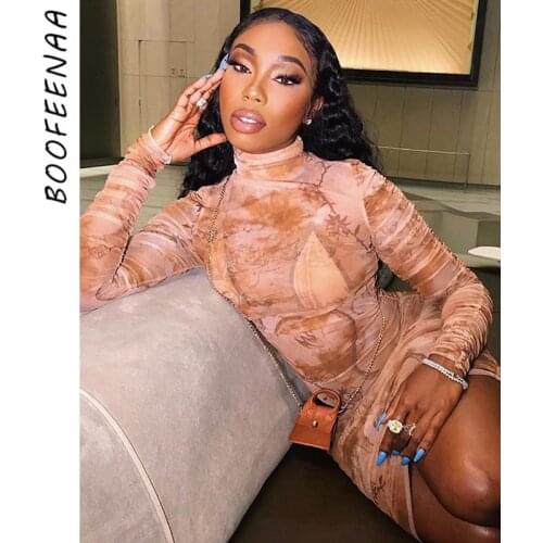 BOOFEENAA Turtleneck Long Sleeve Bodycon Mini Dress Women Slim Vintage Aesthetic Print Sheer Mesh Sexy Club Dresses C83-AA23