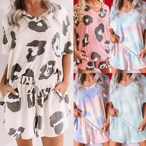 2020 Casual Pajamas Short-sleeved Shorts Womens Printed Tie-dye Home Service Loose Polyester Plus Size Home Service 2-piece Set