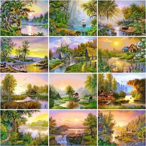 5D DIY Diamond Painting Kits Tree Full Round With AB Drill Embroidery Lake Landscape Diamond Mosaic Nature Wall Decorations Gift