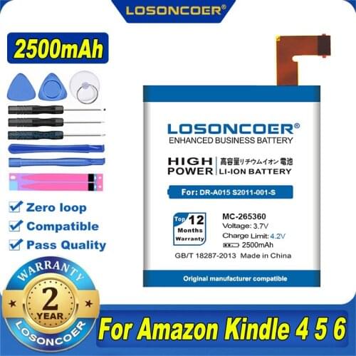 100% Original LOSONCOER 2300mAh MC-265360 Battery for Amazon Kindle 4 5 6 515-1058-01 D01100 S2011-001-S DR-A015 Battery