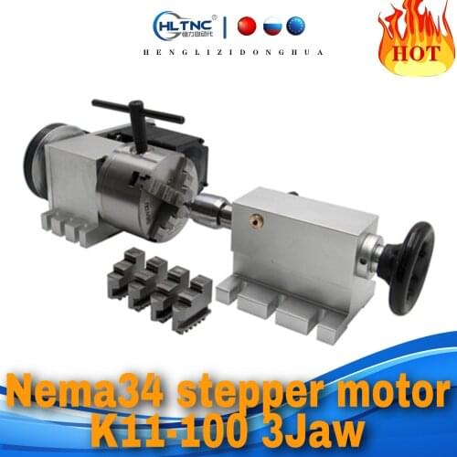 Free shipping Nema 34 stepper motor (3:1) K11-100mm 4Jaw Chuck 100mm CNC 4th axis A aixs rotary axis + tailstock for cnc router