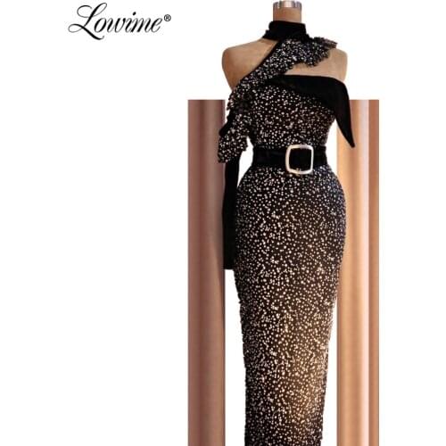 Glitter Black Evening Dresses Dubai Gowns Arabic Turkish Middle East Women One Shoulder Party Gown Robe de Soiree 2019 With Belt