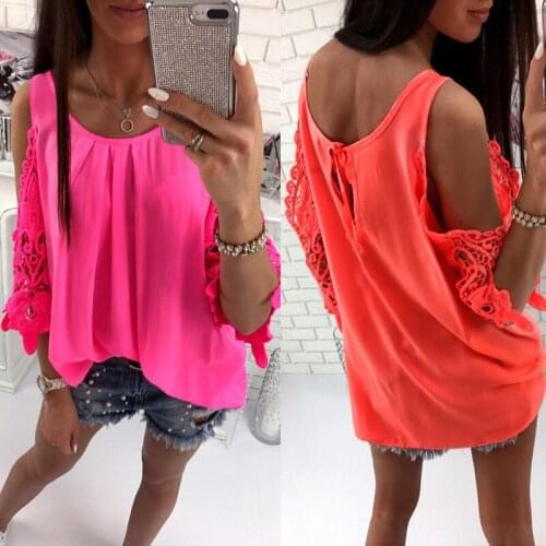 Women Lace Applique Open Shoulder Blusas Autumn Blouse Cold Shoulder Lace Up Sleeve Shirt Loose backless Tops Sexy Blouses