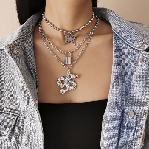 Vintage Boho Multilayer Beaded Chain New Fashion Lock Butterfly Dragon Pendant Statement Choker Necklace for Women Girl Gift