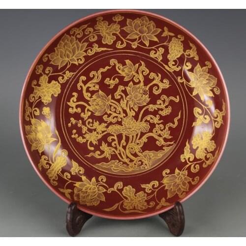 Antique MingDynasty(YongLe)porcelain plate,red glaze,gilt lotus,Hand-painted crafts,Collection&Adornment,Free shipping