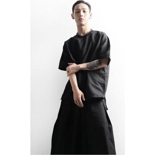 Short sleeve t-shirt mens pure cotton pure color trendy loose linen summer half sleeve round neck clothes