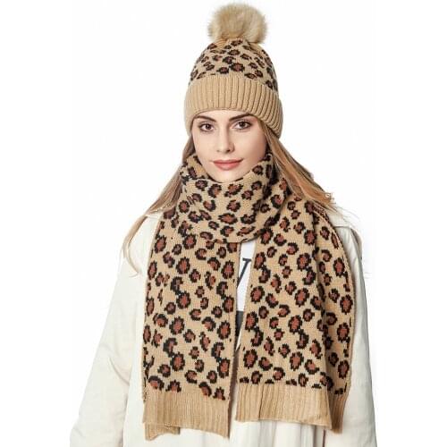 HanXi New Winter Hat Scarf Set Women Knitted Pompon Leopard Beanie for Lady Warm Ski Cap