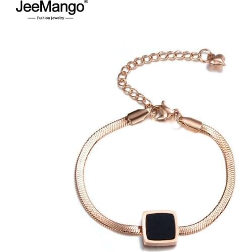 JeeMango Classic Square Black Shell Chain & Link Bracelets Bangles Jewelry Titanium Steel Charm Bracelets For Women JB18001