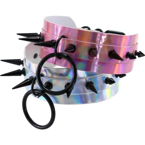 Metal Spike Choker Laser PU Leather Collar Necklace Punk Necklace Statement Jewelry for Women Circle Pendant Neck Accessories