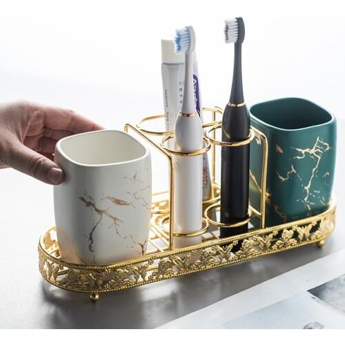 Marble Ceramic Bathroom Accessories Set Golden Wrought Iron Toothbrush Holder Teeth Cylinder Cup Mouthwash Cup Kit Toothbrush Cu