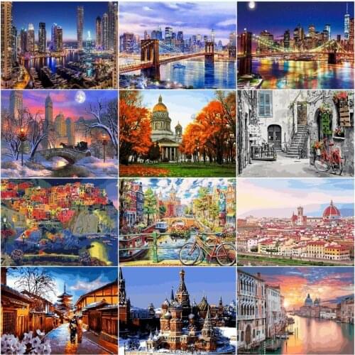 CHENISTORY Oil Paint By Numbers Nightscape Set Oil Painting For Adults DIY Kits Canvas Frame Picture Drawing City Scenery Decor