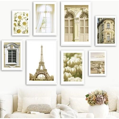 Paris Daisy Doors Windows Beige Flower Wall Art Canvas Painting Nordic Posters And Prints Wall Pictures For Living Room Decor