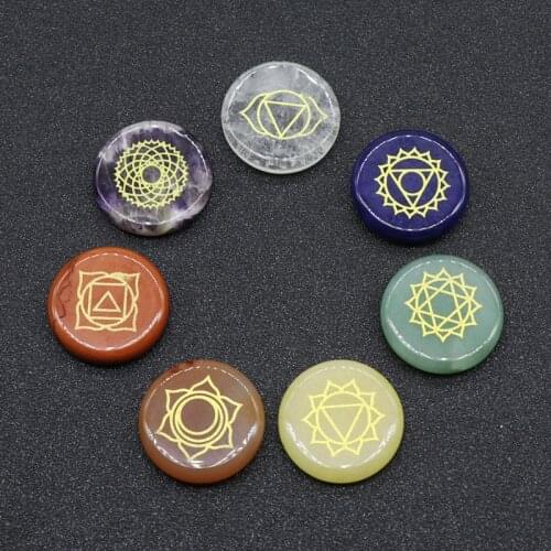 Natural Set of 7 Chakra Stones Symbols Stone Palm Natural Stone Crystal Beads Engraved Gemstones Fengshui Decor Reiki Healing