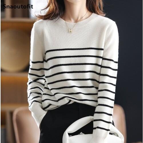 2021 Autumn Winter Pure Australian Wool Sweater Womens Pullover Knitting Shirt Round Neck Loose Classic Striped All-Match Top