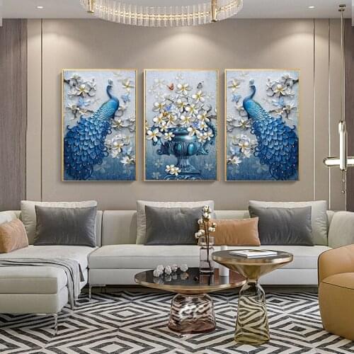 3Plane Blue Peacock Orchid Flower Butterflies Posters and Prints Canvas Painting Nordic Style Wall Art Picture For Living Room