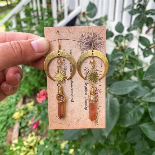 Celestial Amber Quartz Earrings, Moon and Star, Sunburst, Gold Crescent Moon, Boho Goddess, Free Spirit