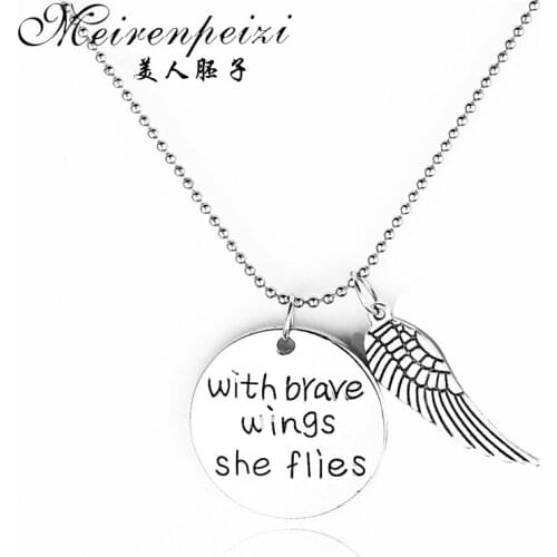 'With Brave Wings 'Letter Hand Stamped Necklace Inspirational Confidence Pendant Jewelry Graduation Inspire Motivational Gift