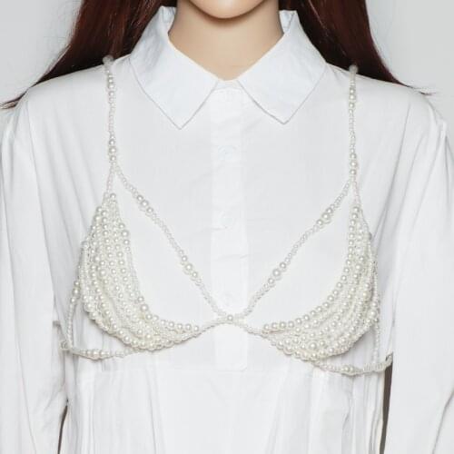 Vintage Handmade Weaving Pearl Bra Chain For Wiomen Multi-Layers Plastic pearl Vest Camis Top Crops Night Club Bikini Body Chain