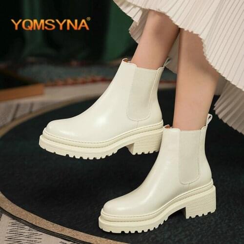 YQMSYNA New Fashion Ankle Boots Genuine Leather Casual Square Heel Spring/Autumn Chelsea Boots Comfortable Round Toe Shoes AS324