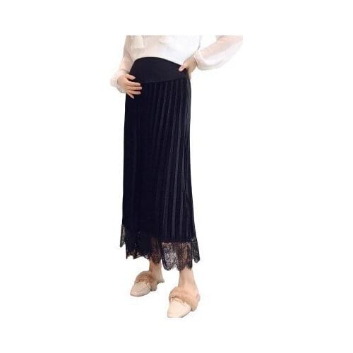 Maternity Skirts Long Gold Velvet Lace Splice Skirt For Pregnant Women Casual Pleated Skirt Plus Size High Waist Pregnancy Skirt