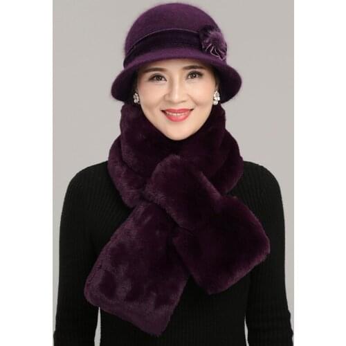 Rabbit Wool Cap Female Winter Middle Age Mother Hat Women Winter Grandma Thicken Warm Mom Casual Outdoor Scarf Hats Set H7130