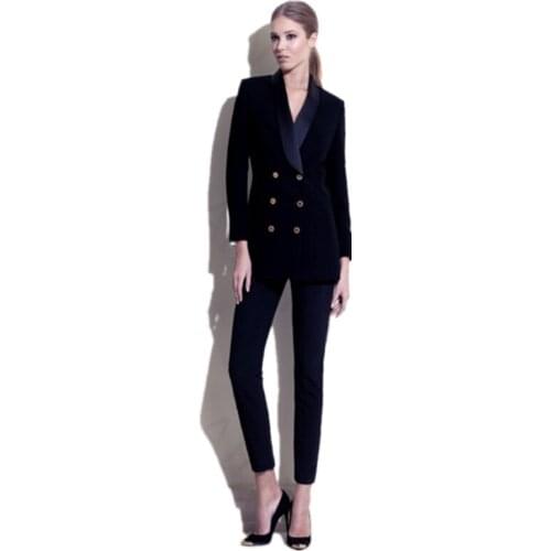 Fashion Womens Business Pants Suits Navy Velve Jacket Slim Blazer Coat Suits For Women 2 Pieces Set Female Office Uniform