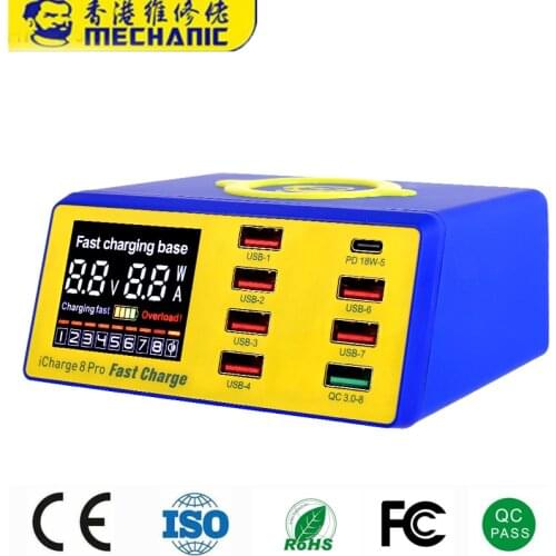 10 Sets MECHANIC LCD Digital Display Fast Charger 8 Port USB Wireless Charging Dock QC 3.0 Charger For iPhone repair