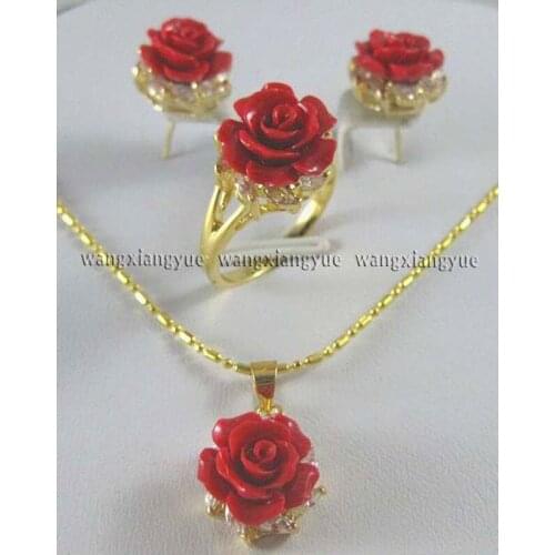12MM Red Coral Hand Carved Flower Earrings Ring Necklace Pendant Jewelry Set AAA jade