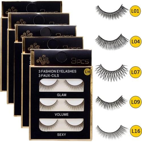 3 Pairs/box False Eyelashes Natural Curling 3D Artificial Fiber Dense Eyelashes Makeup Tools