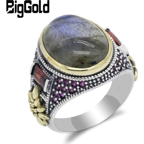 925 Sterling Silver Mens Ring with Natural Moonstone with Cubic Zircon Finger Ring for Male Women Fine Silver Turkish Jewelry