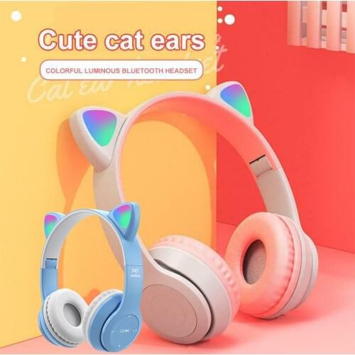 P47M LED light Cute Cat Ears Wireless Headphones with Mic Kid Girl Stereo Music Helmet Phone Bluetooth-compatible Headset