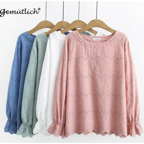 GEMUTLICH Women Big Size Cotton Hollow Out Blouse O-Neck Collar Long Sleeve Casual Shirt Butterfly Sleeve L-4XL