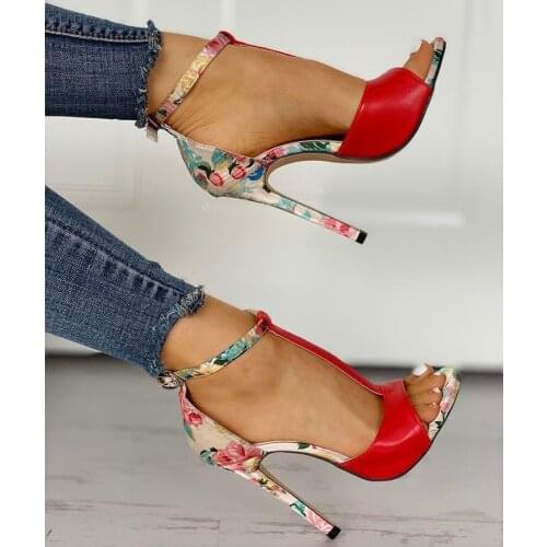 New Fish mouth sandals Womens Ladies Pumps Fashion flowers Buckle Patchwork Mixed Colors PU High Heels Sandals Casual Shoes