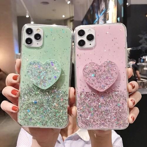 DIY Bling Love Heart Holder Stand Cover For iPhone 11 Pro Max 6S 7 8 Plus XSMAX XR XS 6Plus 12 Glitter Soft TPU Clear Phone Case
