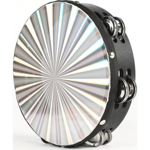 BATESMUSIC 8"/ 10" Wooden Radiant Tambourine Handbell Hand Drum with Double Row Reflective Drum Head Percussion Instrument Toy