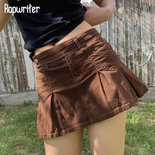 Rapwriter Academia Denim Skirt Pokcet Retro Brown Korean Short Skirt Preppy Style Pleated Skirt Women Harajuku Streetwear