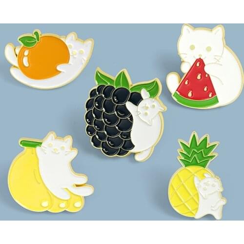 Fruit Cats Enamel Pins Custom Pineapple Blueberry Banana Watermelon Orange Brooch Lapel Badge Bag Cartoon Jewelry Gift for Kids