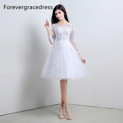 Forevergracedress White Short Wedding Dress A Line Lace Tulle Long Sleeves Bridal Gown Plus Size Custom Made