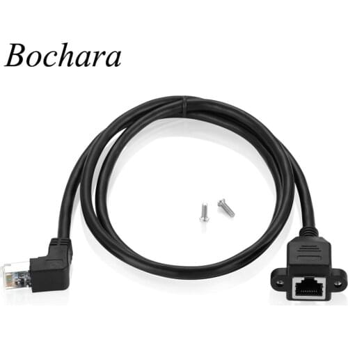 Bochara 90degree Cat 6 RJ45 Male to Female Ethernet LAN Network Extension Cable Shielded With Screws Panel Mount 30cm 60cm 1m