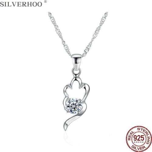 SILVERHOO 925 Sterling Silver Trendy Hollow Flower Pendant Necklaces For Women Round Cubic Zirconia Necklace Statement Jewelry