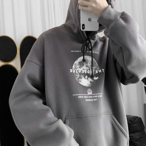 Autumn/winter thickened moon print mens hoodie mens wear Korean version loose trendy Hong Kong style casual jacket
