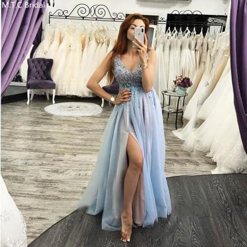 Mint Blue Crystals Tulle Prom Dresses With Slit V Neck A Line Long Formal Dress Plus Size Graduation Homecoming Party Gowns