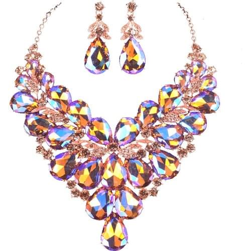 New Gorgeous Peach AB color Crystal Bridal Jewelry Sets Wedding Necklace Earring set for Brides Women Jewellery Necklace set