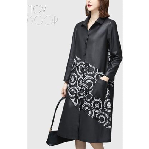Novmoop genuine leather women coat Korean style printed sheepskin oversize formal elegant Veste de cuir LT3488
